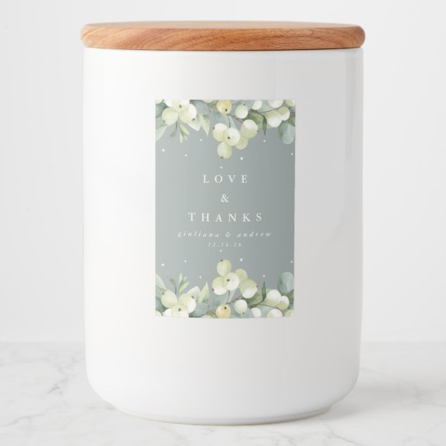 Seafoam Green Snowberry+Eucalyptus Winter Wedding Food Label (Front)