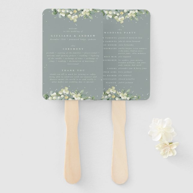 Seafoam Green Snowberry+Eucalyptus Winter Wedding Hand Fan (Front and Back)