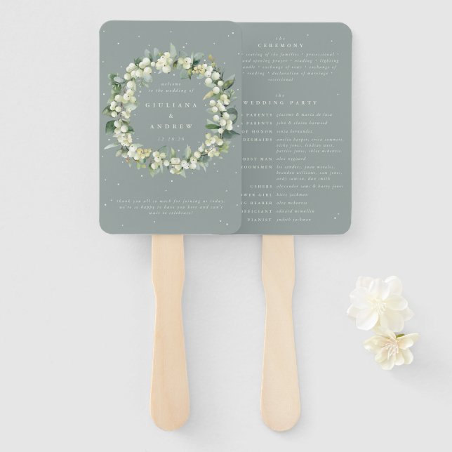 Seafoam Green Snowberry+Eucalyptus Winter Wedding Hand Fan (Front and Back)