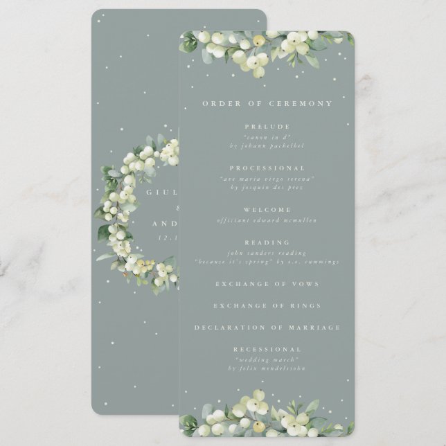 Seafoam Green Snowberry+Eucalyptus Winter Wedding Program (Front/Back)