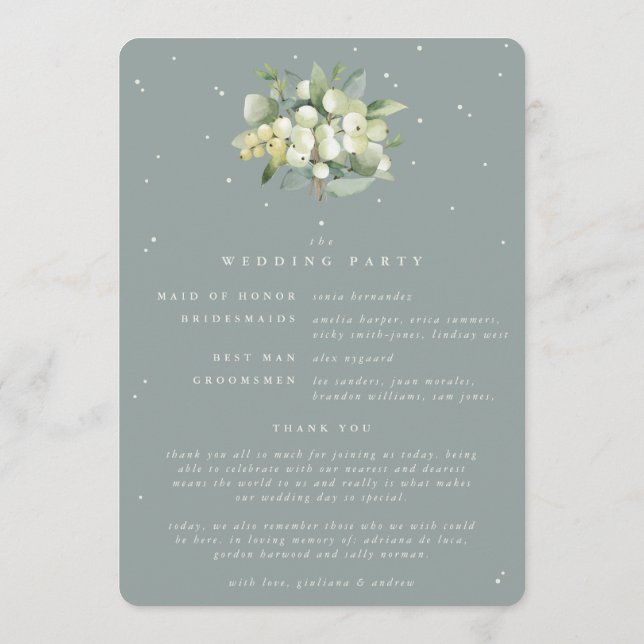 Seafoam Green Snowberry+Eucalyptus Winter Wedding Program (Back)