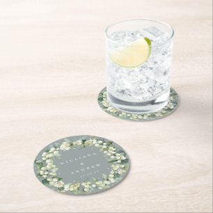 Seafoam Green Snowberry+Eucalyptus Winter Wedding  Round Paper Coaster