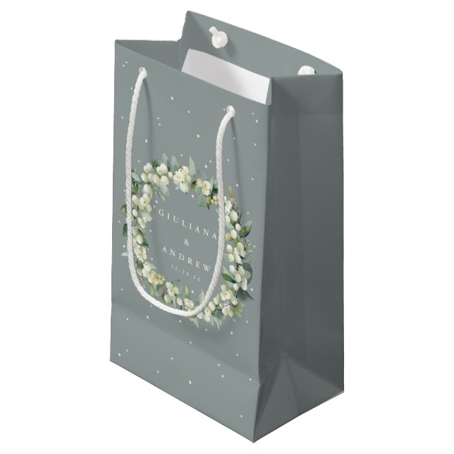 Seafoam Green Snowberry+Eucalyptus Winter Wedding Small Gift Bag (Front Angled)