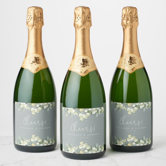Seafoam Green Snowberry+Eucalyptus Winter Wedding Sparkling Wine Label (Bottles)