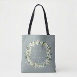 Seafoam Green Snowberry Eucalyptus Winter Wedding Tote Bag<br><div class="desc">Elegant soft blue-green winter wedding tote bag featuring a wreath of hand painted snowberries and eucalyptus. Give as a memento,  or use as a gift/favour/welcome bag. All text is fully editable so you can easily change the font style/colour/size and delete or move text. Coordinating items available in my store.</div>