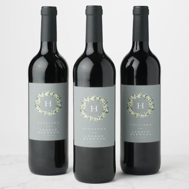 Seafoam Green Snowberry+Eucalyptus Winter Wedding Wine Label (Bottles)