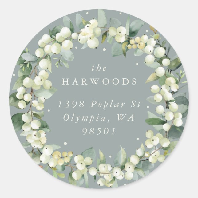 Seafoam Green Snowberry+Eucalyptus Wreath Address Classic Round Sticker (Front)