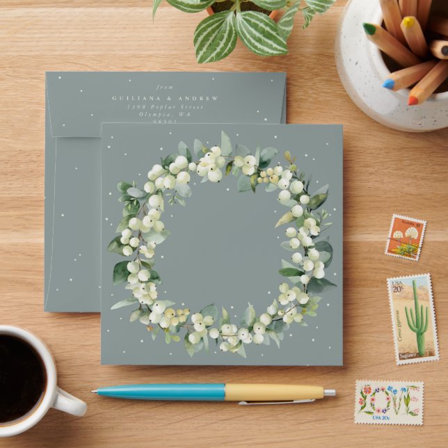 Seafoam Green Snowberry+Eucalyptus Wreath Square Envelope (Desk)