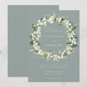 Seafoam Green Snowberry+Eucalyptus Wreath Wedding Invitation