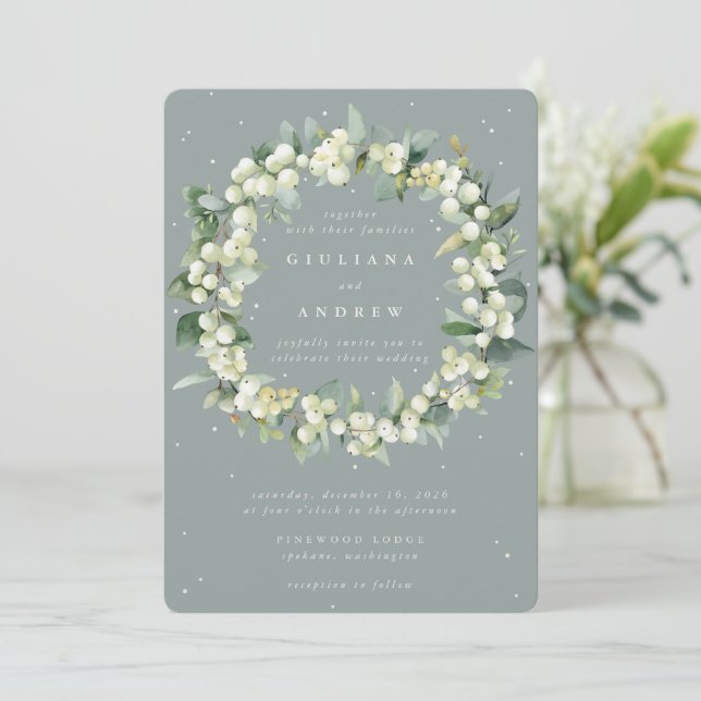 Seafoam Green Snowberry+Eucalyptus Wreath Wedding Invitation (Standing Front)