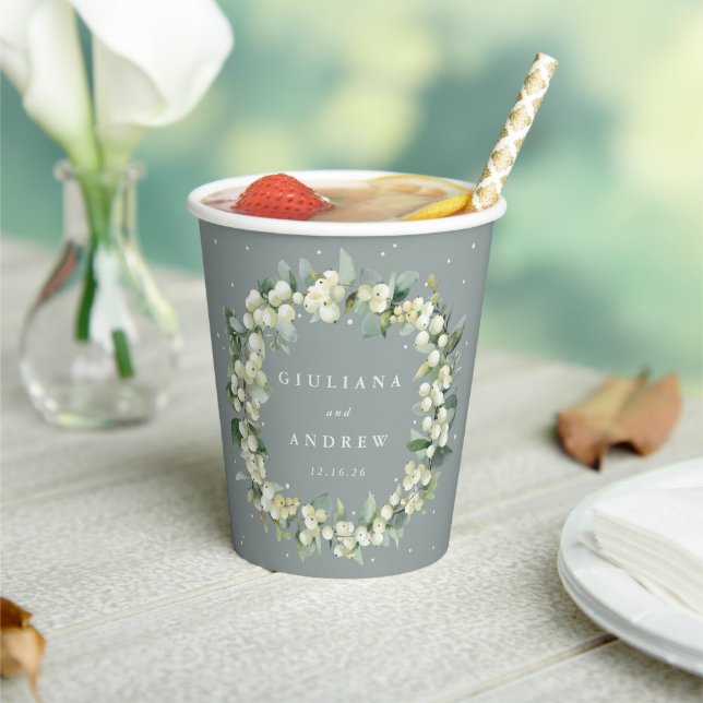 Seafoam Green Snowberry+Eucalyptus Wreath Wedding Paper Cups (Insitu)