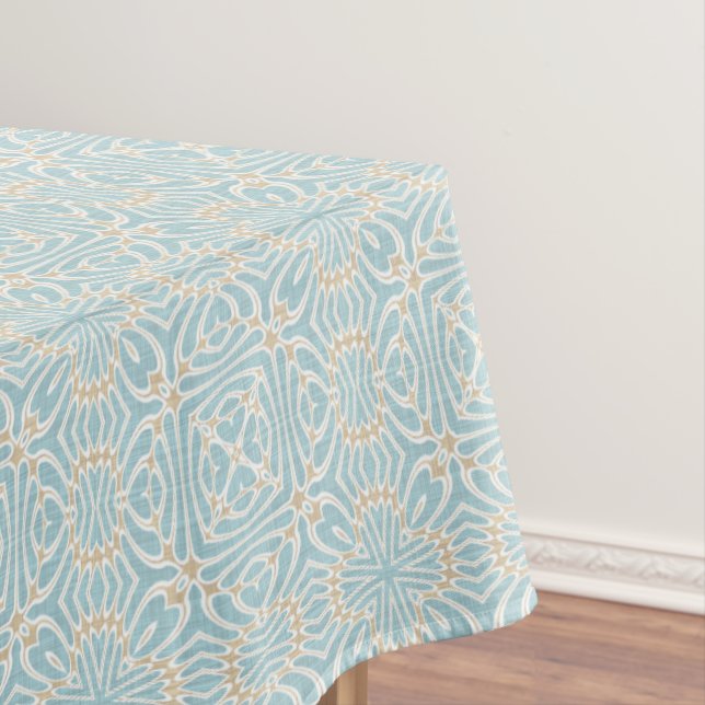 Seafoam Green Taupe Brown Hip Bohemian Bali Art Tablecloth (In Situ)