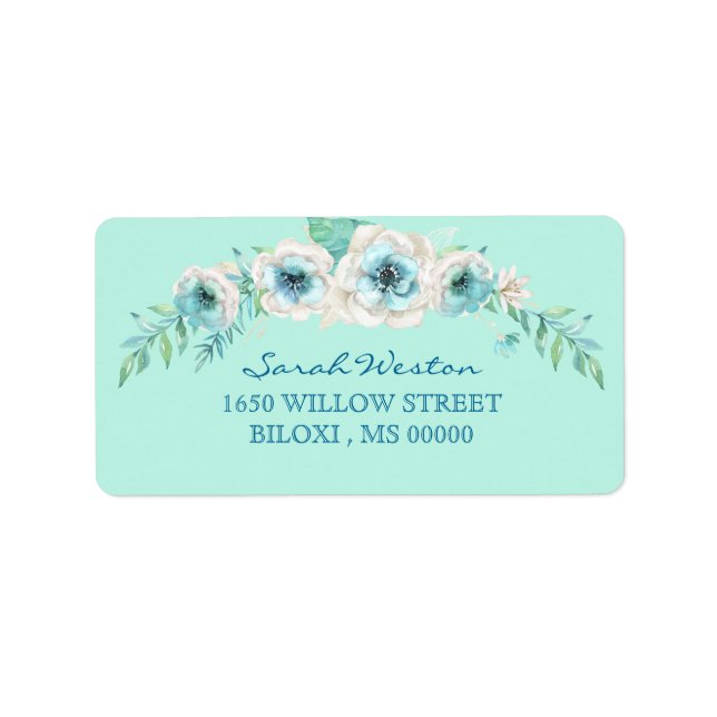 Seafoam Green Watercolor Flowers Label (Front)