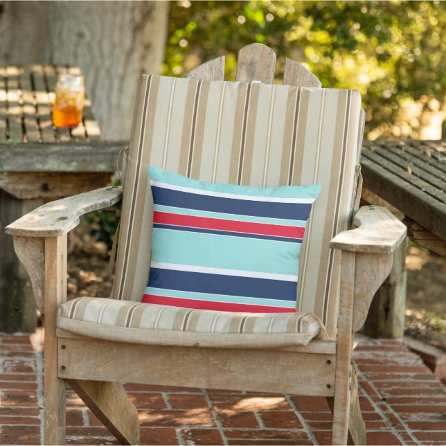 Seafoam Green White Dark Blue Red Stripes Pattern Outdoor Pillow (Chair)