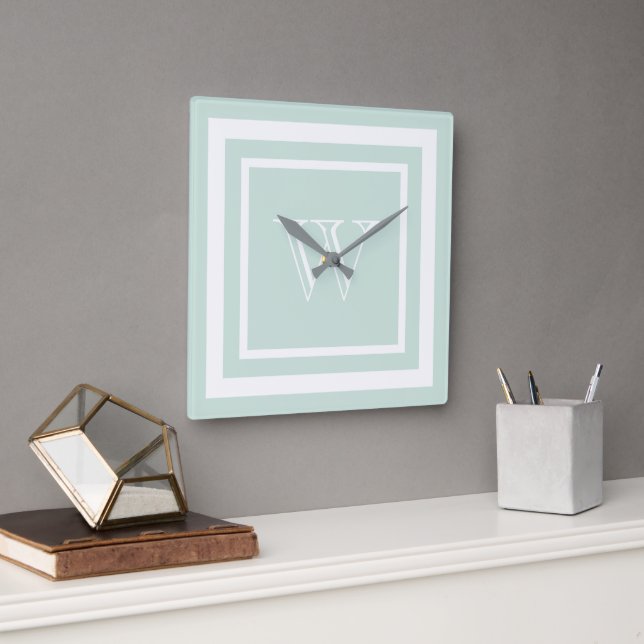 Seafoam Green White Framed Monogram Square Wall Clock (Office)