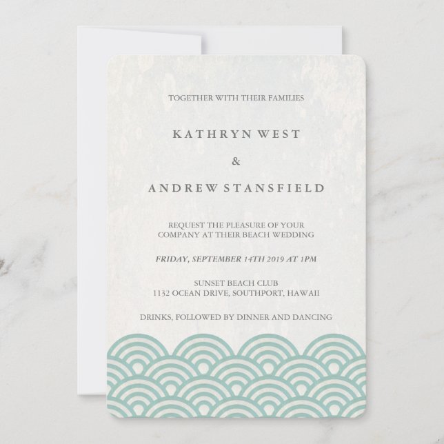 Seafoam Green+White Stylized Waves Elegant Wedding Invitation (Front)