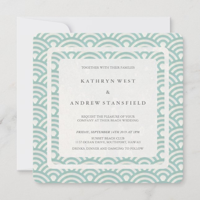 Seafoam Green+White Stylized Waves Modern Wedding Invitation (Front)