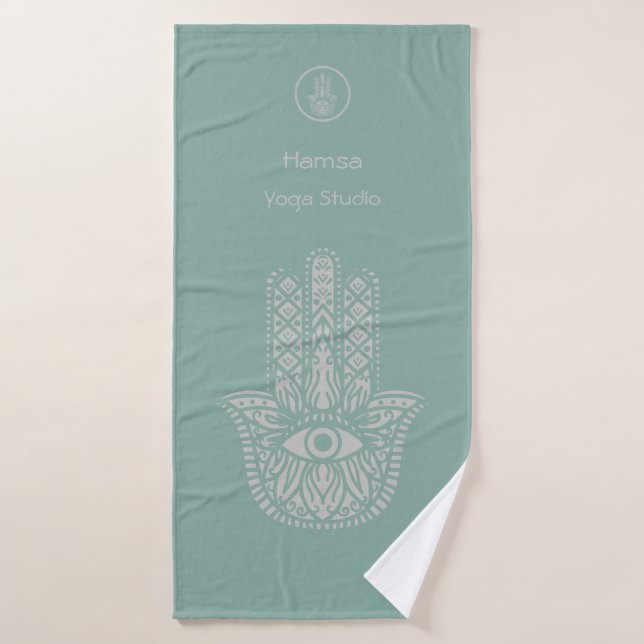 Seafoam Green Yoga Studio Hamsa Customizable Bath Towel (Bath Towel)