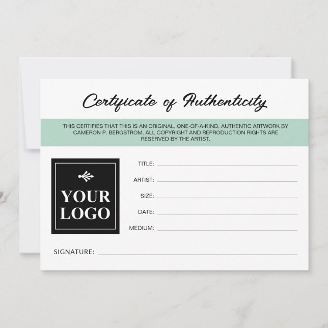 Seafoam Green Your Logo Authenticity Certificate (Front)