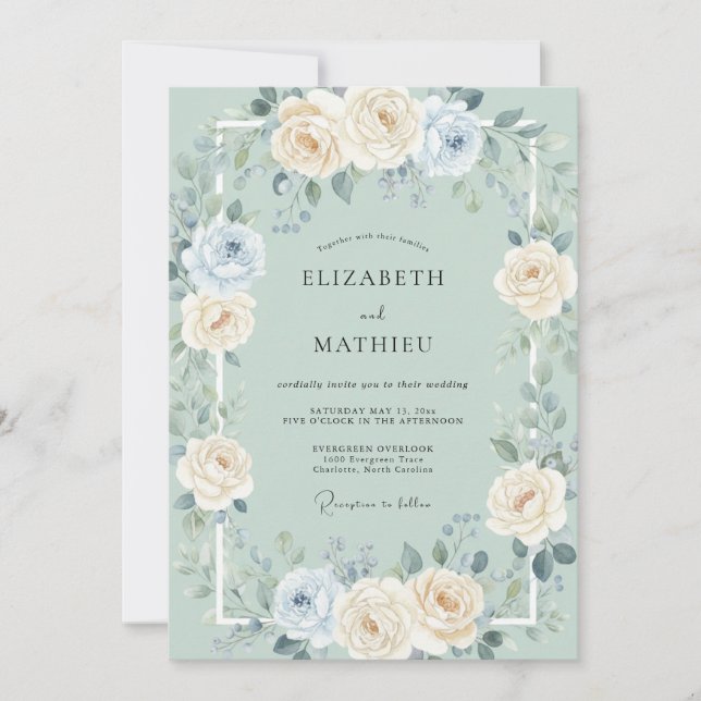 Seafoam Ivory Peony Wedding Invitation (Front)
