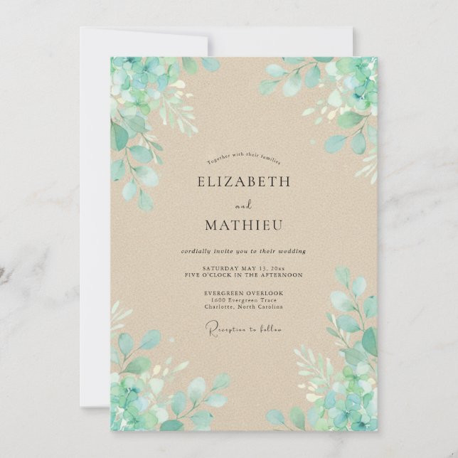 Seafoam Leafy Champagne Wedding Invitation (Front)