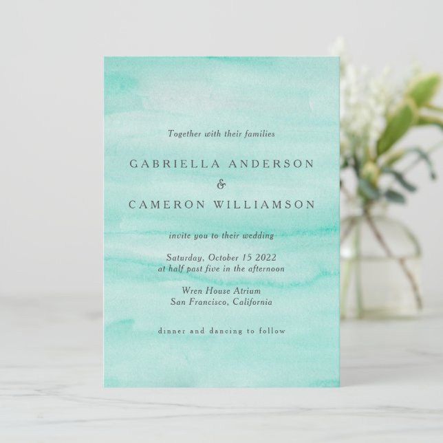 Seafoam Mint Green Abstract Watercolor Wedding Invitation (Standing Front)