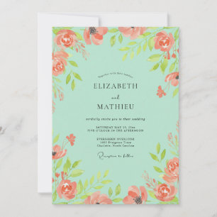 Seafoam Muted Coral Painted Wedding Invitation