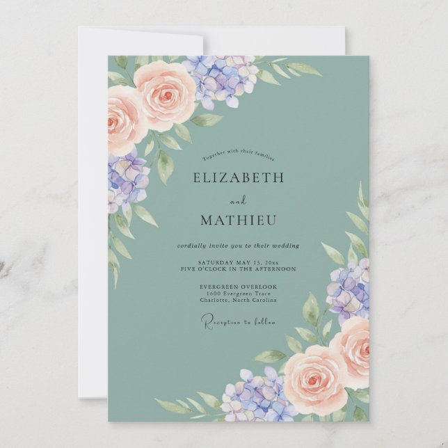 Seafoam Periwinkle Hydrangea Eucalyptus Wedding Invitation (Front)