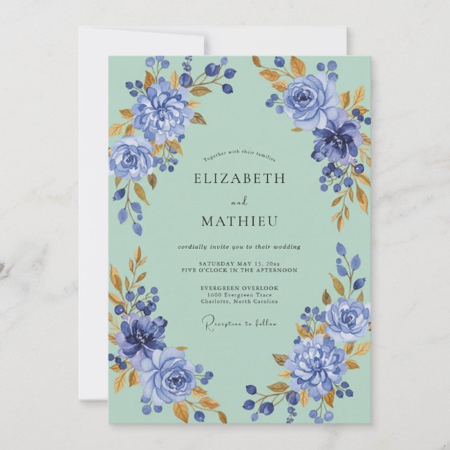 Seafoam Periwinkle Ranunculus Grey Eucalyptus Wedd Invitation (Front)