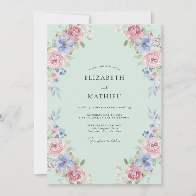 Seafoam Periwinkle Rose Wedding Invitation (Front)
