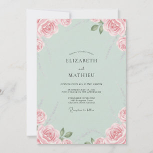 Seafoam Petal Pink Rose Wedding Invitation