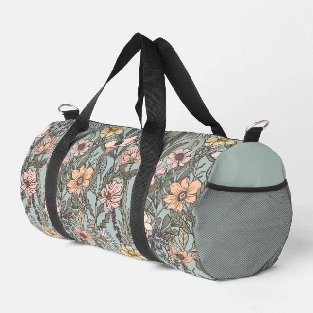 Seafoam Pink Yellow Retro Wildflower Duffle Bag (Right Corner)