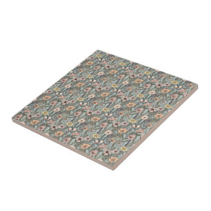 Seafoam Pink Yellow Retro Wildflower Tile