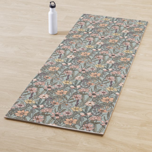 Seafoam Pink Yellow Retro Wildflower Yoga Mat (In Situ)