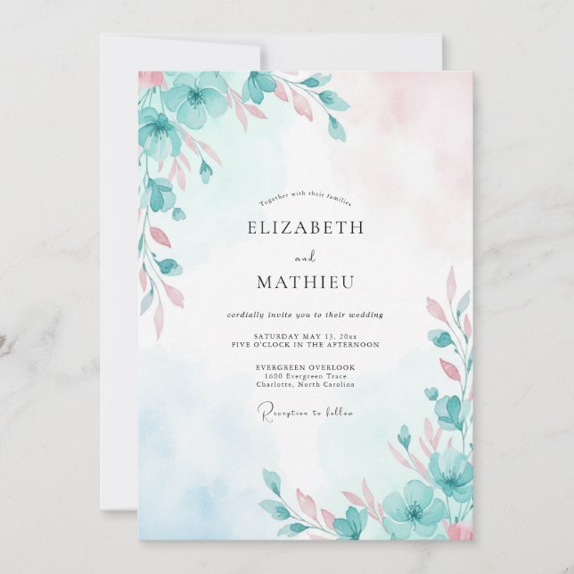 Seafoam Rose Blush Blossom Wedding Invitation (Front)
