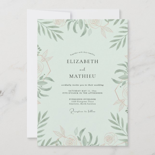 Seafoam Sage Leafy Wedding Invitation (Front)