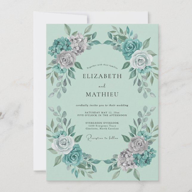 Seafoam Silver Rose Wedding Invitation (Front)