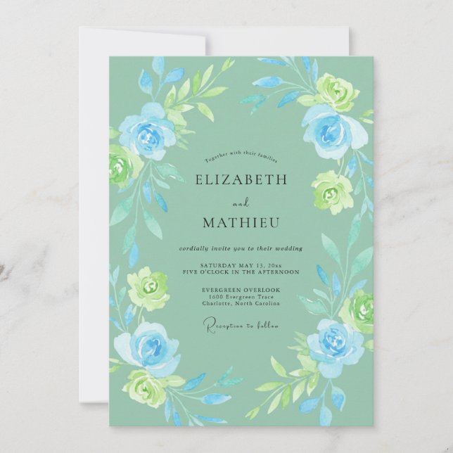 Seafoam Sky Blue Rose Wedding Invitation (Front)