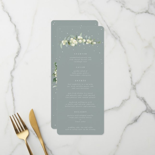 Seafoam Snowberry+Eucalyptus 4 Course Wedding Flat Menu (Front/Back In Situ)