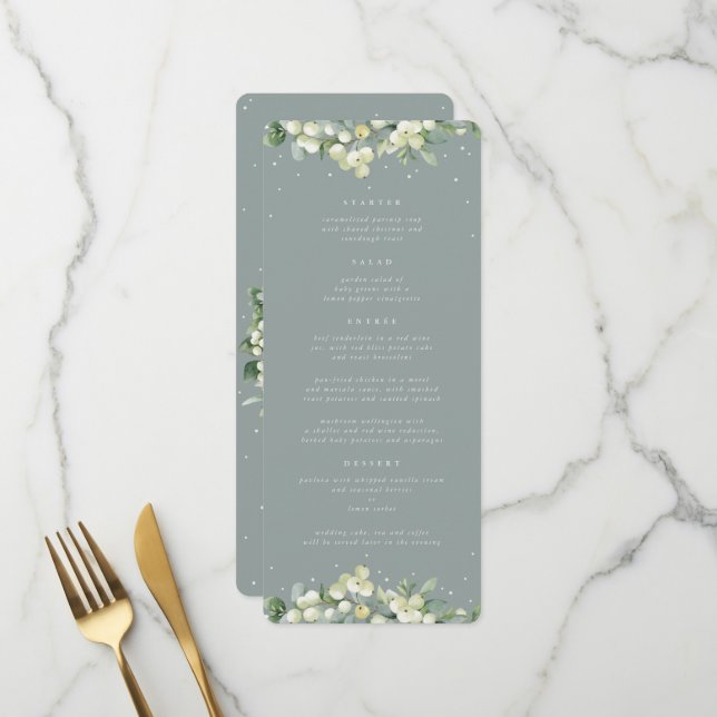 Seafoam Snowberry+Eucalyptus 4 Course Wedding Flat Menu (Front/Back In Situ)