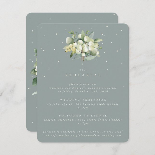 Seafoam Snowberry+Eucalyptus Wedding Rehearsal Enclosure Card (Front/Back)
