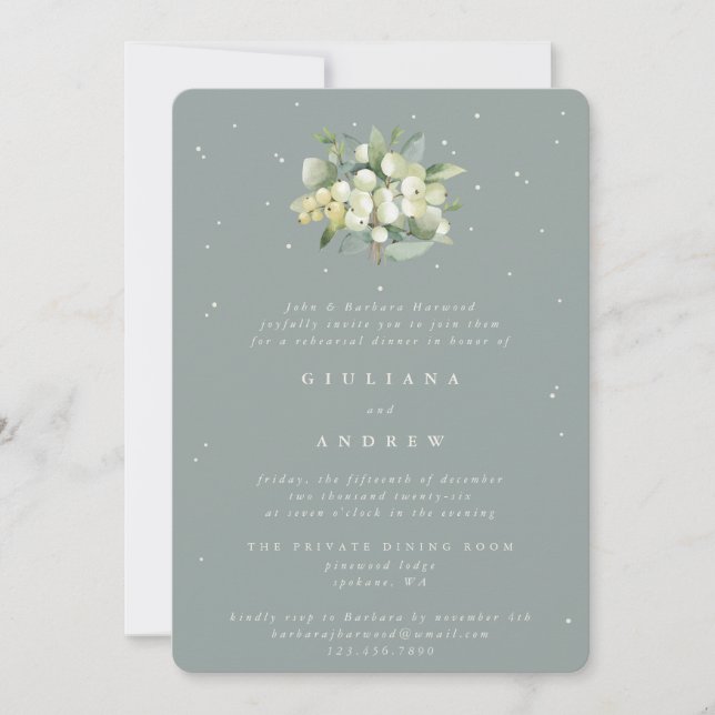Seafoam Snowberry+Eucalyptus Wedding Rehearsal Invitation (Front)