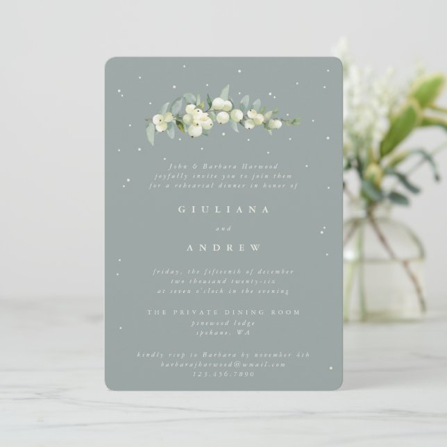 Seafoam Snowberry+Eucalyptus Wedding Rehearsal Invitation (Standing Front)