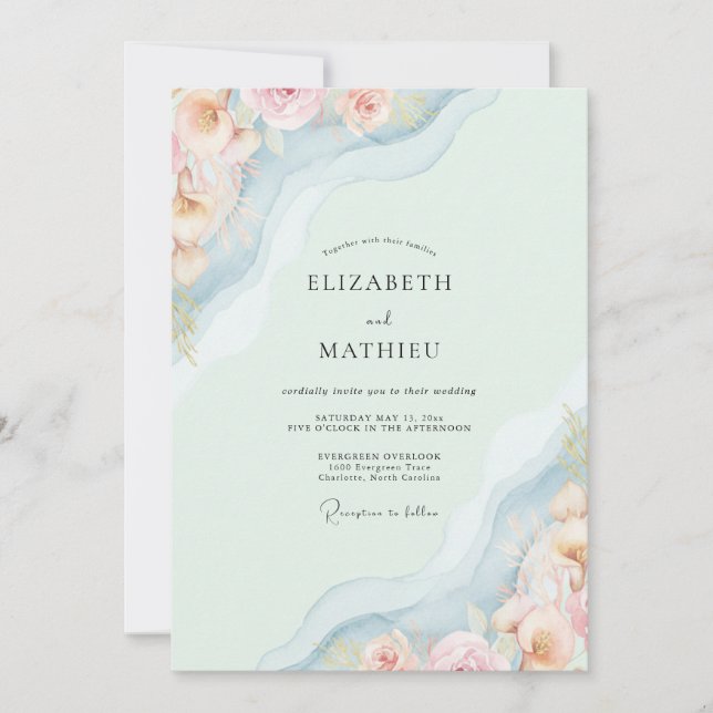 Seafoam Soft Blush Peony Wedding Invitation (Front)