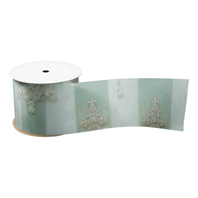 Seafoam Stiped Velvet-Look Diamond Trees Satin Ribbon (Spool)