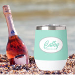 Seafoam Stylized Wedding Bridesmaid Name<br><div class="desc">Gift your wedding bridesmaid with this trendy and personalized, stainless steel wine tumbler with her name in stylized script inside a white, oval design. Background colour and script is a seafoam colour. Perfect for a bachelorette party as well! Personalize your wine tumbler by editing and replacing bridesmaid name with desired...</div>