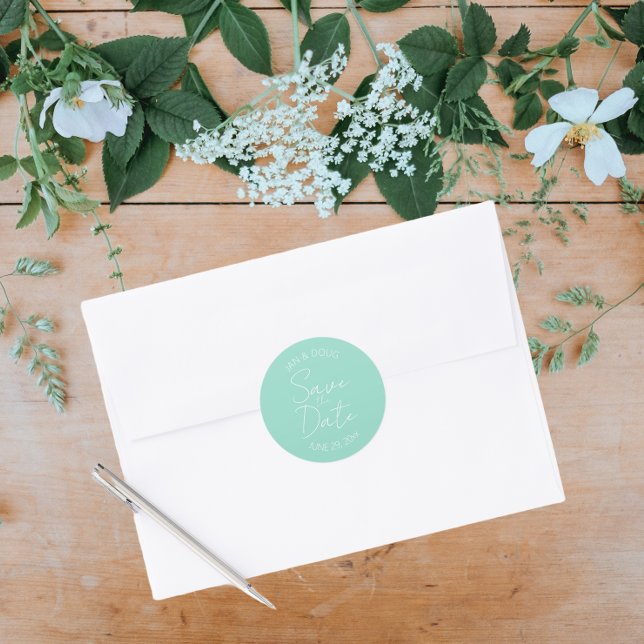  Seafoam Stylized Wedding Save the Date Classic Round Sticker (In Situ Wedding)