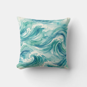 Seafoam Symphony Watercolor Waves Throw Pillow