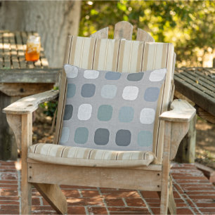Seafoam Teal Blue Round Squares Pattern On Grey Outdoor Pillow