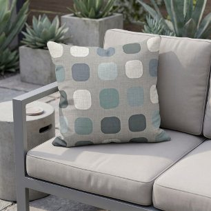Seafoam Teal Blue Round Squares Pattern On Grey Outdoor Pillow